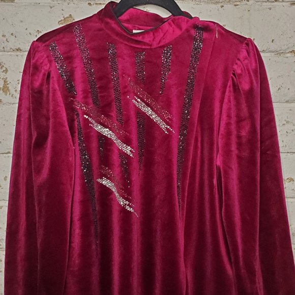 VINTAGE Lisanne 60s 70a Mini Velour Dress Wine Burgandy - Picture 3 of 16